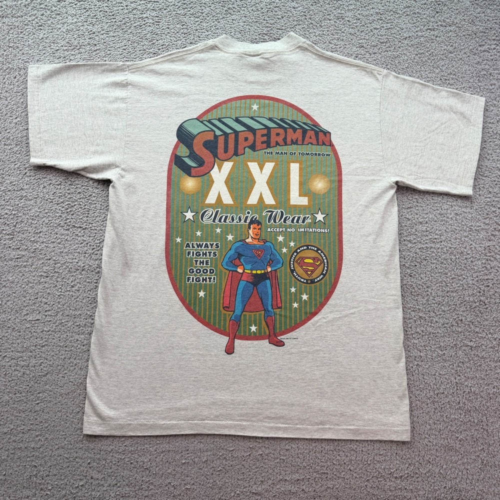 Vintage 1994 DC Comics Superman Giant by Tee Jays Graphic T-Shirt Gray Men's XL